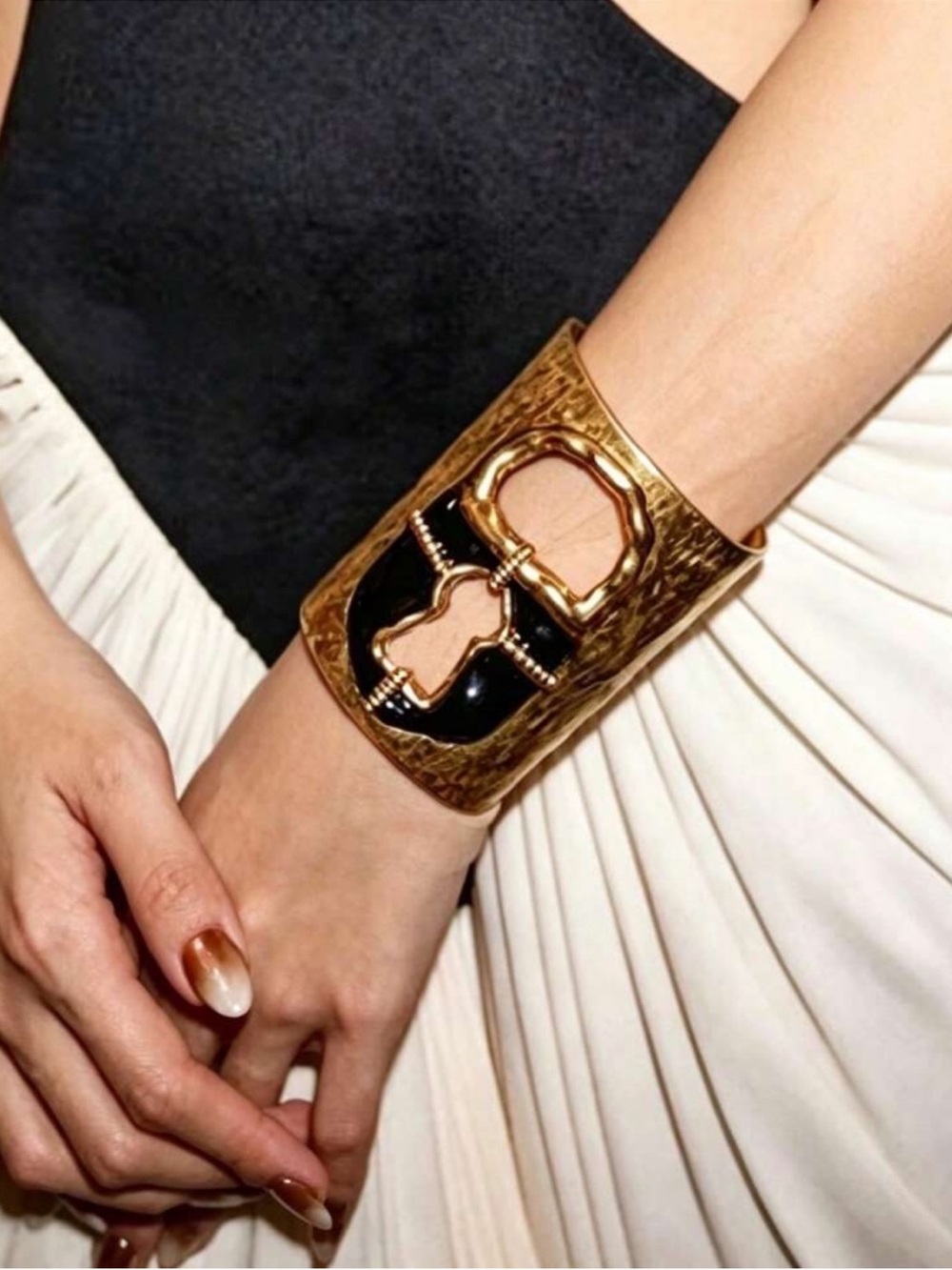 Golden Wide Cuff Bracelet with Black and Nude Accents